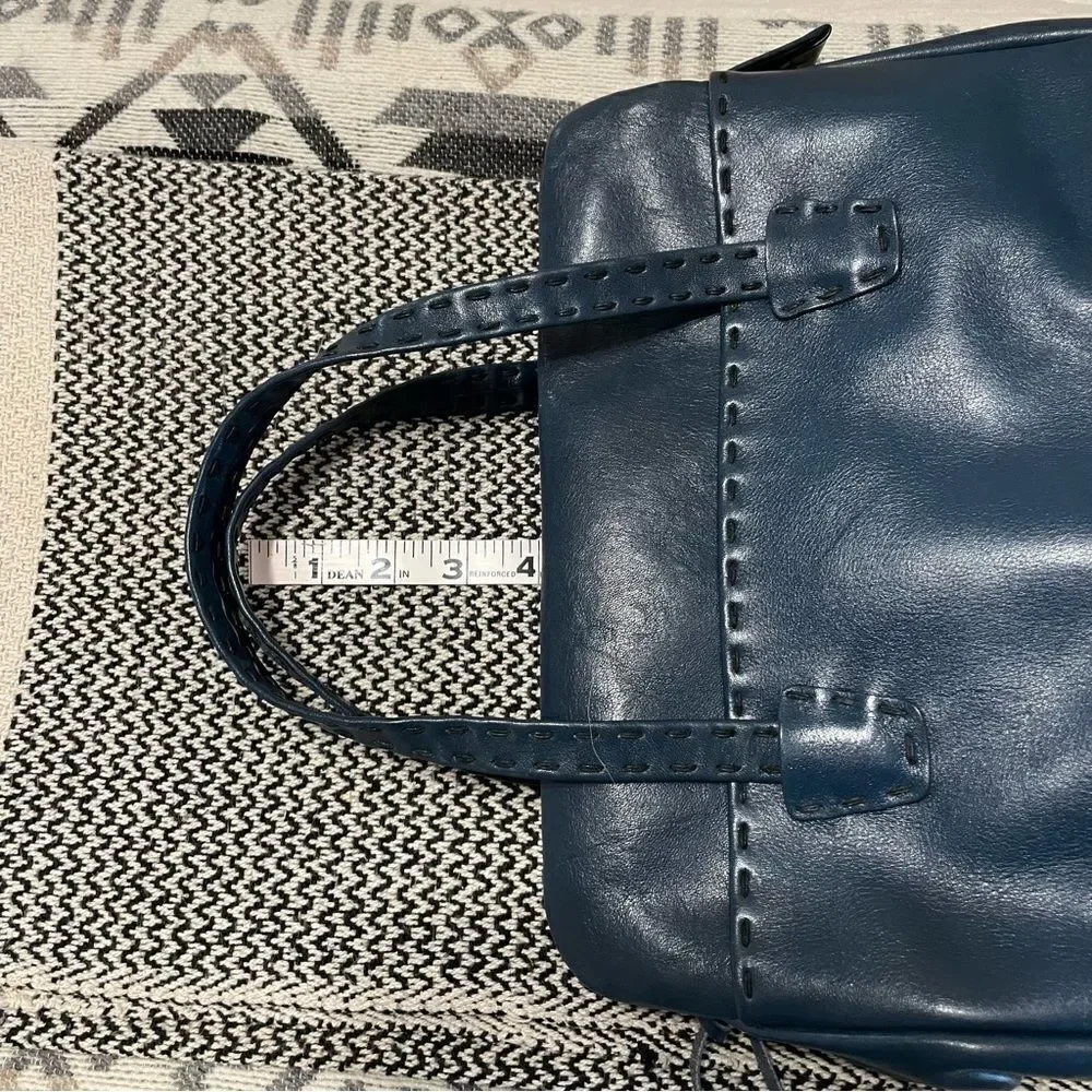 Vintage Ganson Navy Leather Short Handle Tote W/Stitching Detail Bag
